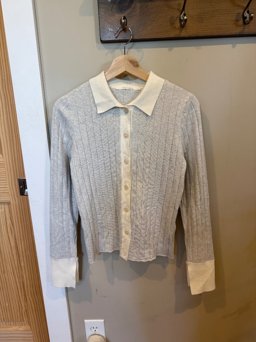YAYA Women Grey Cashmere Blend Ribbed Polo Cardigan Size S